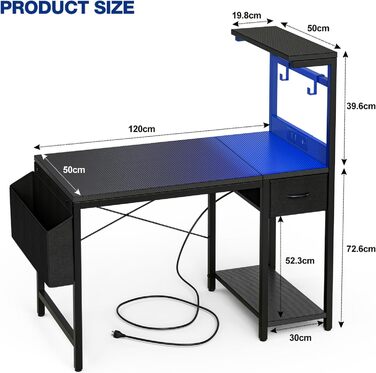 Ігровий стіл Grandder, 120x50 см, ігровий стіл з розеткою та світлодіодним освітленням, комп&39ютерний стіл з двосторонніми полицями та шухлядою, ПК-стіл для домашнього офісу з відділенням для зберігання, чорний колір під карбон 120 x 50 см, чорний