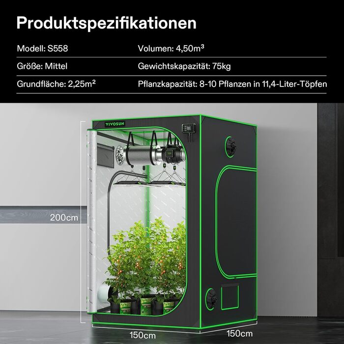 Світлонепроникний намет для гідропоніки з відбиваючим Mylar, вікном огляду, піддоном та міцною рамою. Ідеально підходить для вирощування рослин у приміщенні (модель S558, сумісна з VSF6450), 150x150x200