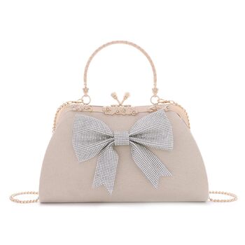 Вечірня сумочка-клатч з оксамиту з блискучою стрічкою та знімним ланцюжком. Елегантна жіноча сумочка для весіль, вечірок та вечерь, бежевого кольору.