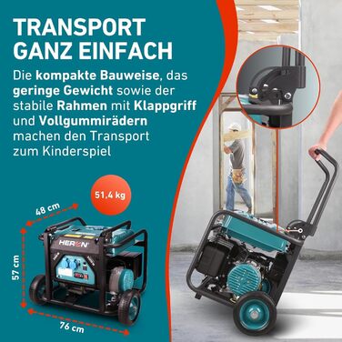 Бензиновий генератор Heron 3,5 кВт Генератор з баком 18 л та шасі Генератор з двома розетками 16A 230V та однією розеткою 12V/8,3A DC Мобільний генератор з системою AVR Без електричного стартера