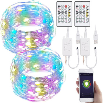 Струнний світильник Luminea Home Control WiFi 2 світлодіодні світлові дроти RGB з керуванням музикою, Wi-Fi та додатком, USB, 5 м (WiFi світлодіодний світловий ланцюг, WiFi RGB світлодіодний ланцюг, сонячна трубка) Набір 2 5 м/ барвистий