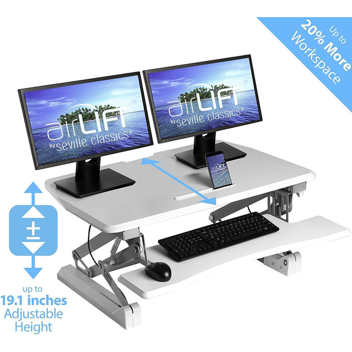 Стіл-конвертер Seville Classics 90 см з пневматичним регулюванням висоти сидячи-стоячи з газовою пружиною, металевий, білий 90 см x 59 см пневматичний білий