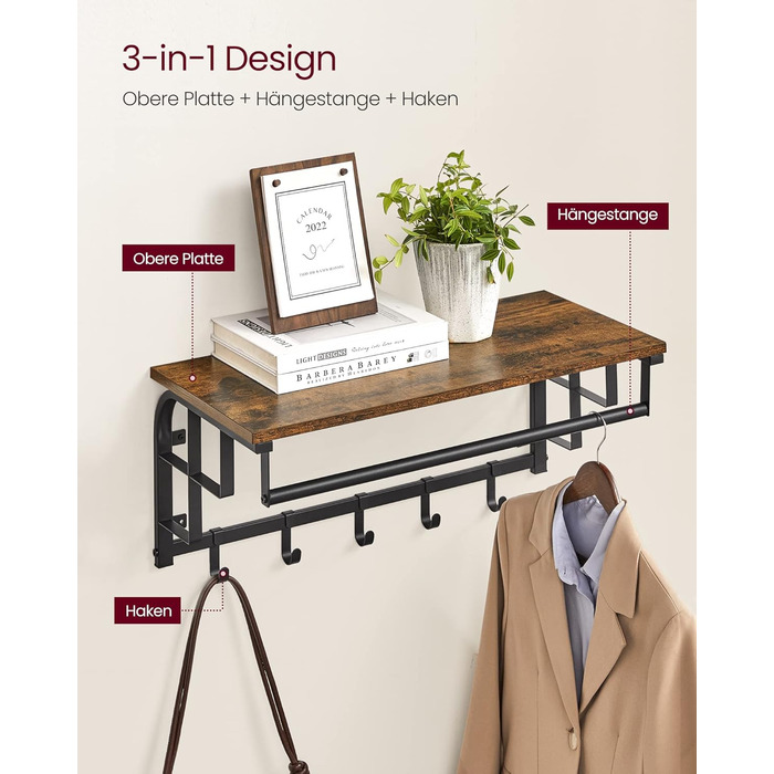Настінна вішалка VASAGLE з полицею для зберігання, настінна полиця з 5 знімними гачками, підвісна полиця з рейкою для одягу, для п
