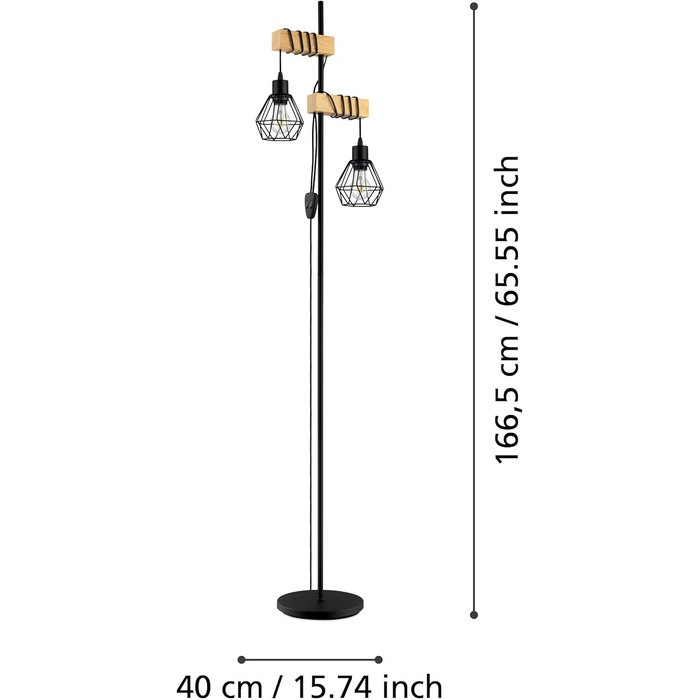 Торшер EGLO Townshend 5, вінтажний торшер на 2 полум'я в промисловому дизайні, ретро торшер зі сталі та дерева, колір чорний, коричневий, цоколь E27, сертифікат FSC, в т.ч. вимикач
