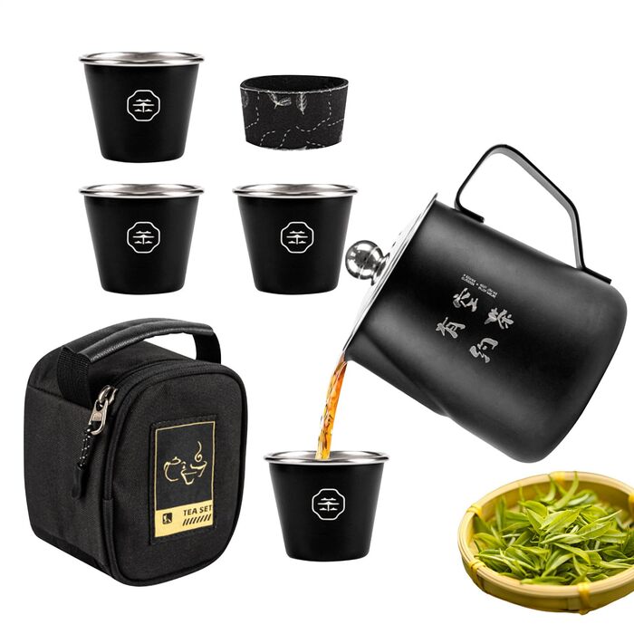 Набір для чаювання в дорозі, нержавіюча сталь дорожній чайний сервіз для дорослих, аксесуари для подачі, для кемпінгу, 4 чашки, термостійкий