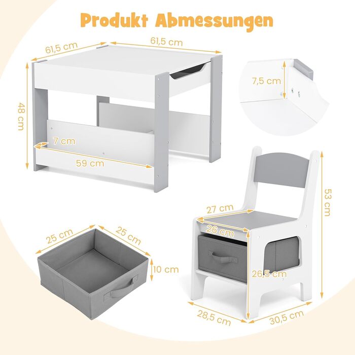 Дитячий стіл GOPLUS 4-в-1 з 2 стільцями, комплект дитячих сидінь з двосторонньою стільницею, боковими полицями та 2 тканинними коробками для зберігання, компактні дитячі меблі для малювання, читання та ігор (сірі) з полицею та коробками сірого кольору, 2.