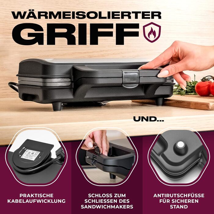 Бутербродниця ProfiCook Американські сендвічі XXL Скибочки тостів Електричний тостер для сендвічів Дуже великі сендвіч-панелі (з антипригарним покриттям) Бутербродниця потужністю 900 Вт PC-ST 1092 Одномісний