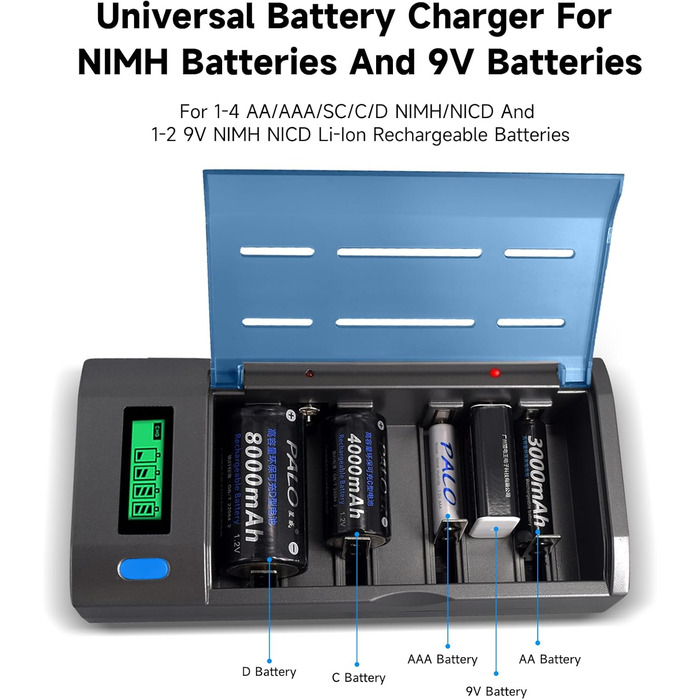 Універсальний зарядний пристрій для акумуляторів типу AA/AAA/SC/C/D/9V Ni-Mh/Ni-CD та 9V Li-ion з функцією розряду та РК-дисплеєм, швидка зарядка