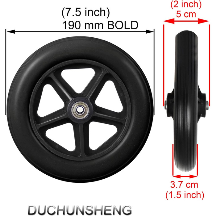 Запасні передні колеса для інвалідного візка - 2 шт. и, чорні тверді гумові нековзні колеса - 6 дюймів 7 дюймів 8 дюймів, запасні колеса для інвалідних візків, ходунки, аксесуари для запасних коліс з віссю 7,5 дюймів (190 мм) чорного кольору