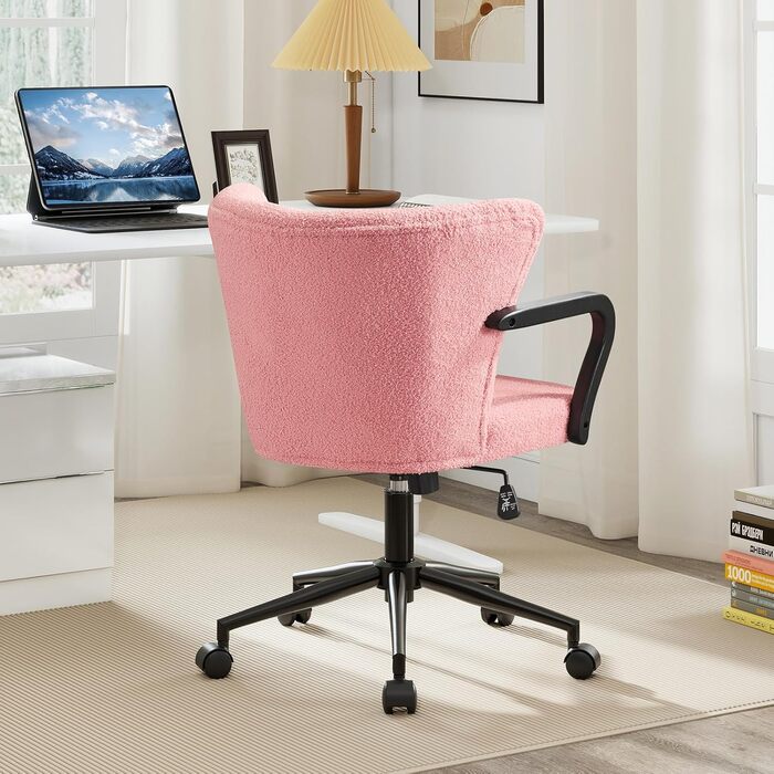 Крісло для офісу з регульованою висотою, ергономічне офісне крісло з високою спинкою та підлокітниками, обертове крісло з крилами спинки, крісло для туалетного столика, крісло для туалетного столика з колесами, рожева тканина шерпа