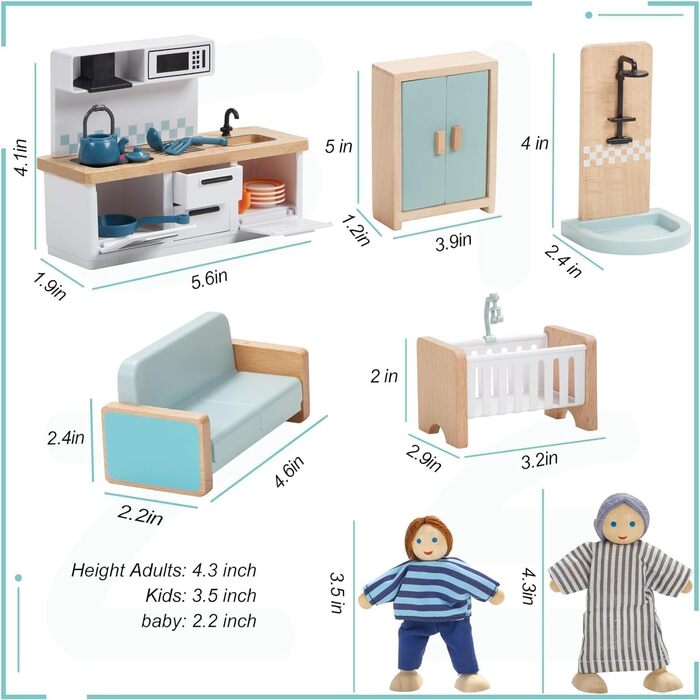 Набір меблів для лялькового будиночка "Гігантська квасоля", дерев&39яний, 36 предметів з 4 сімейними ляльками, аксесуари для ляльок, іграшка для хлопчиків, дівчаток та малюків від 3 років