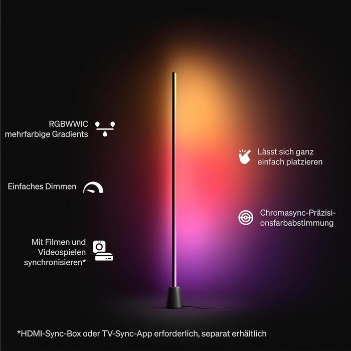 Розумна світлодіодна торшерна лампа Philips Hue Play, RGBWWIC, 122 см, багатоколірні градієнти, підтримка Alexa, Google Home, Apple Home синхронізація з ТВ потребує Hue Bridge та Sync Box (продаються окремо)