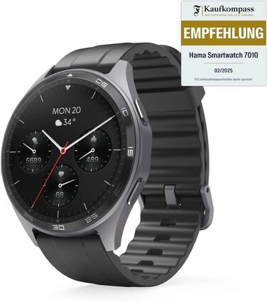 Розумний годинник Hama (кольоровий AMOLED-дисплей 1,43 дюйма, GPS, функція телефону, водонепроникний, WhatsApp, голосовий помічник, трекер сну, 110 спортивних режимів плани тренувань, крокомір, пульсометр, калорії тощо) чорний