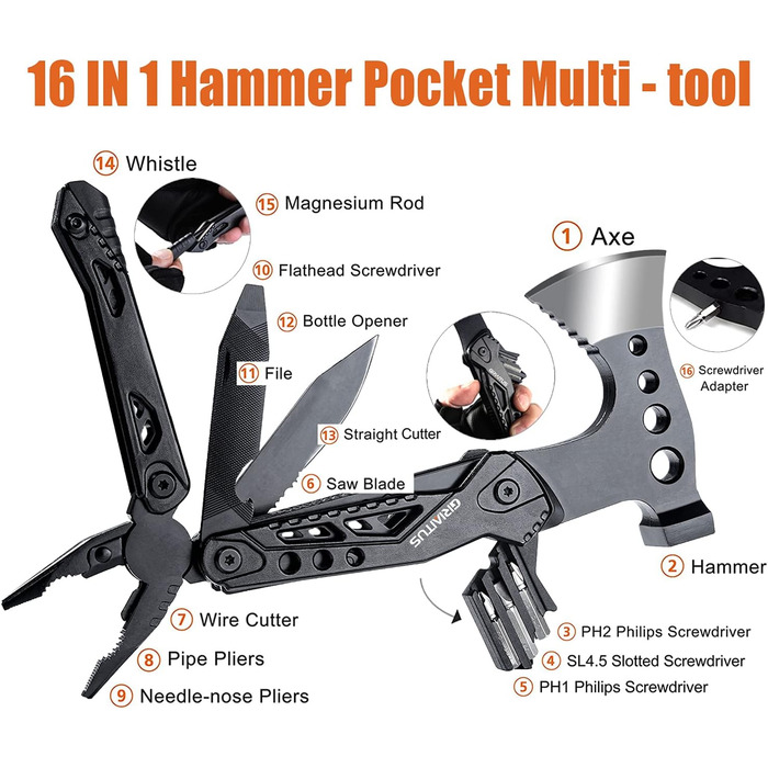 Аксесуари для кемпінгу 16 в 1 Мультитул Подарунки для чоловіків Подарунок на День батька для тата, спорядження для виживання з сок