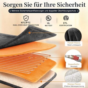 Електрична ковдра з автоматичним вимкненням, 130x180 см, ковдра з підігрівом, 8 режимами нагріву та таймером автоматичного вимкнення 1-12 годин, захист від перегріву, фланелева ковдра з підігрівом, яку можна прати в пральній машині, для дому та офісу, сір