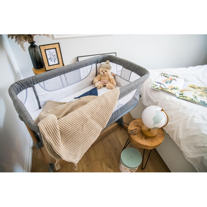 Дитяче ліжечко Momi SMART Bed 4-в-1 до 15 кг, приліжкове ліжечко для немовлят з матрацом, регульована висота, сірого кольору, одномісне