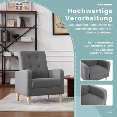 Крісло-підлокітник WOLTU з підлокітниками, ніжки з масиву дерева, підходить для вітальні, спальні або балкону, сучасне, лляний чохол, темно-сірий