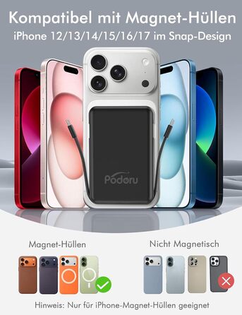 Бездротовий зовнішній зарядний пристрій Podoru для Magsafe, магнітний ємністю 10000 мАг з кабелем USB-C, швидка зарядка PD 20 Вт зі світлодіодним дисплеєм, бездротовий акумулятор для iPhone 17/16/15/14/13/12 усіх серій (чорний)