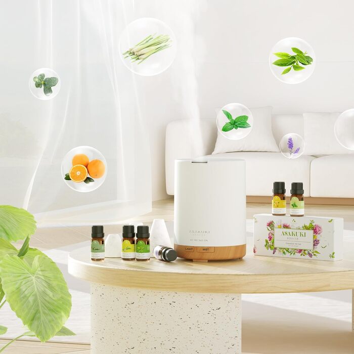 Аромадифузор ASAKUKI 300 мл з набором ефірних олій 6*10 мл, дифузор ефірних олій, ультразвуковий зволожувач повітря для домашнього офісу, 15-кольоровий світлодіод із 4 настройками таймера