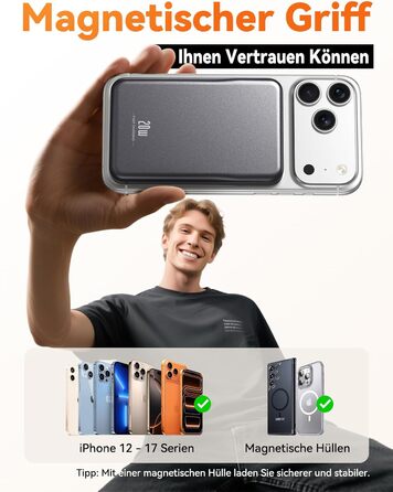 Зовнішній акумулятор MagSafe Power Bank, магнітний зовнішній акумулятор ємністю 10000 мАг без кабелю, швидка зарядка PD 20 Вт, бездротовий магнітний зарядний пристрій з входом/виходом USB-C, світлодіодний індикатор для iPhone 17/16/15/14/13/12/Pro/Pro Max