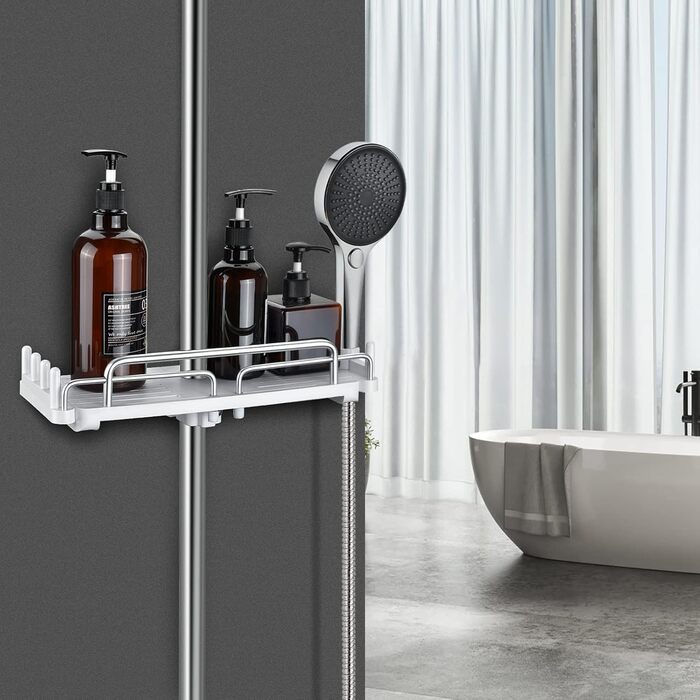 Душова полиця без свердління, телескопічна 32-48 см, душова полиця для підвісного органайзера для ванної кімнати, душова полиця без свердління, стійка для зберігання душової штанги для душової штанги 18-25 мм (біла)