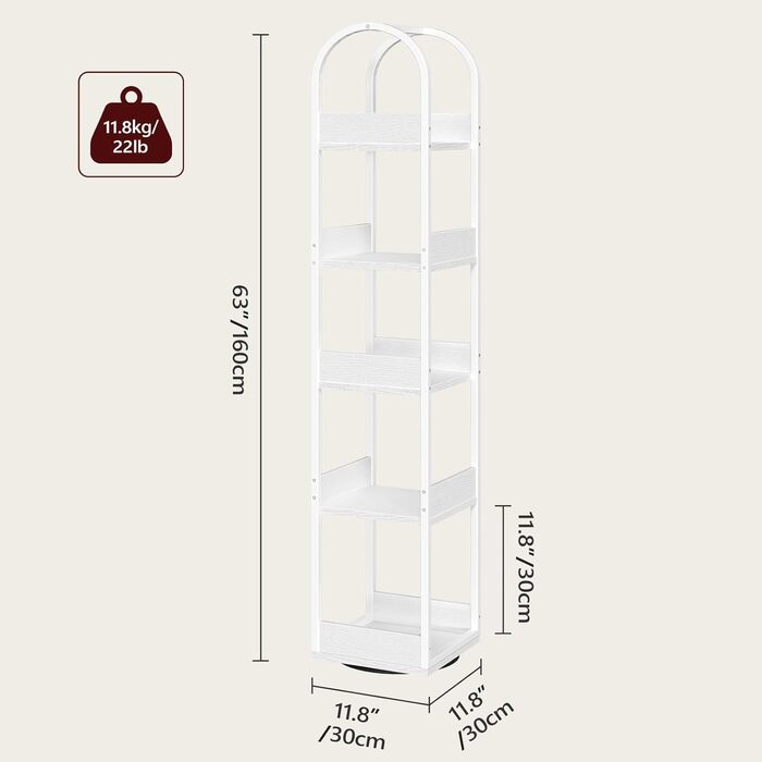 Обертова на 360 5-ярусна книжкова полиця, окремостояча полиця із захистом країв, 30 x 30 x 160 см, полиця для зберігання, для вітальні, кабінету, біла ABKBW3501