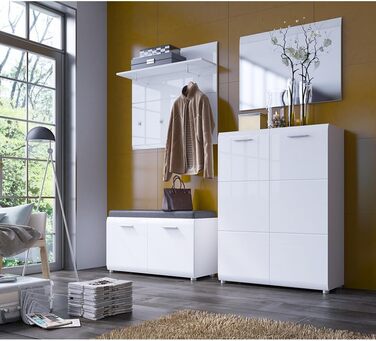 Шафа для одягу Lomadox 4 предмети з дзеркалом і тумбою для взуття білий глянцевий Шафа для передпокою в сучасному стилі