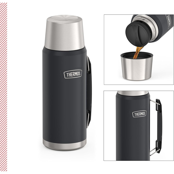 ТЕРМОС ICON ПЛЯШКА ДЛЯ НАПОЇВ 1,20 л, сірий/графітовий матовий, термос 1200 мл, ізольована пляшка з чашкою для пиття, термос з ручкою, зберігає напої гарячими/холодними протягом 24 годин, можна мити в посудомийній машині, герметичний, без BPA, 1200 мл, те