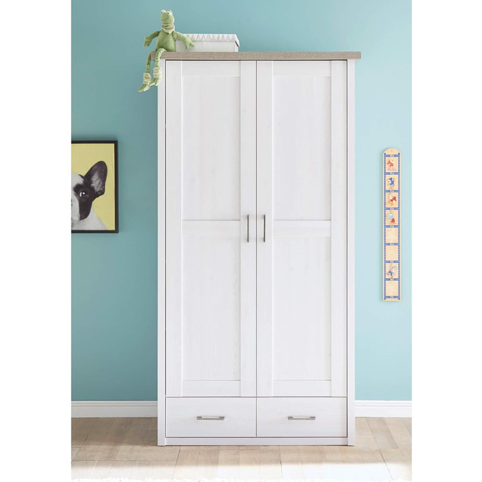 Елегантна шафа LUCA з 2 дверима для дитячої кімнати - Універсальна шафа з орними дверима та великим місцем для зберігання в кольорі &quotСосновий білий&quot / &quotТрюфель&quot - 106 x 201 x 55 см (Ш/В/Г)