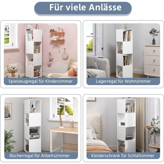 Поворотна полиця EUGAD, 4-рівнева поворотна книжкова полиця, полиця для зберігання на місці, офісна полиця, полиця для документів, для вітальні, спальні, офісу, дитячої кімнати, 35x145x35 см, білий 0046SHG