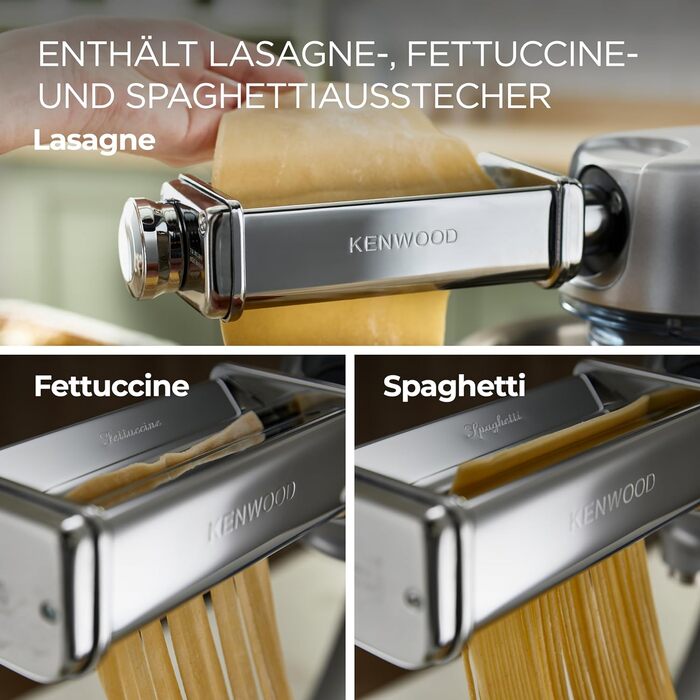 Набір макаронних виробів Kenwood MAX980ME аксесуари для кухонних комбайнів Kenwood, електрична макаронна машина з роликом для лазаньї та насадкою для спагетті та фетучіні, нержавіюча сталь, мультиупаковка срібла