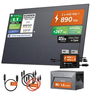 Балконна електростанція Solarway потужністю 890 Вт з накопичувачем 800 Вт, у комплекті з розеткою - Найновіший інвертор 800 Вт - 1,6 кВтгод. Двосторонні сонячні панелі Anker SOLIX 1-445 Вт, Envertech та Anker.