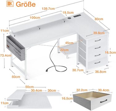 Кутовий стіл ODK білий, стіл L-подібної форми з 4 шухлядами, 140x80x84.7 см, стіл L-подібної форми двосторонній з портом для заряд