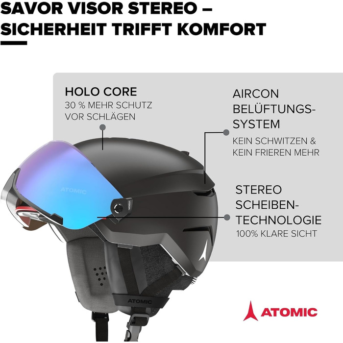 Лижний шолом Atomic Savor Visor Stereo з козирком - Шолом для сноуборду та лиж з окулярами - Система 360 Fit та активна система вентиляції Aircon - Holo Core для максимальної амортизації 59-63 Чорний