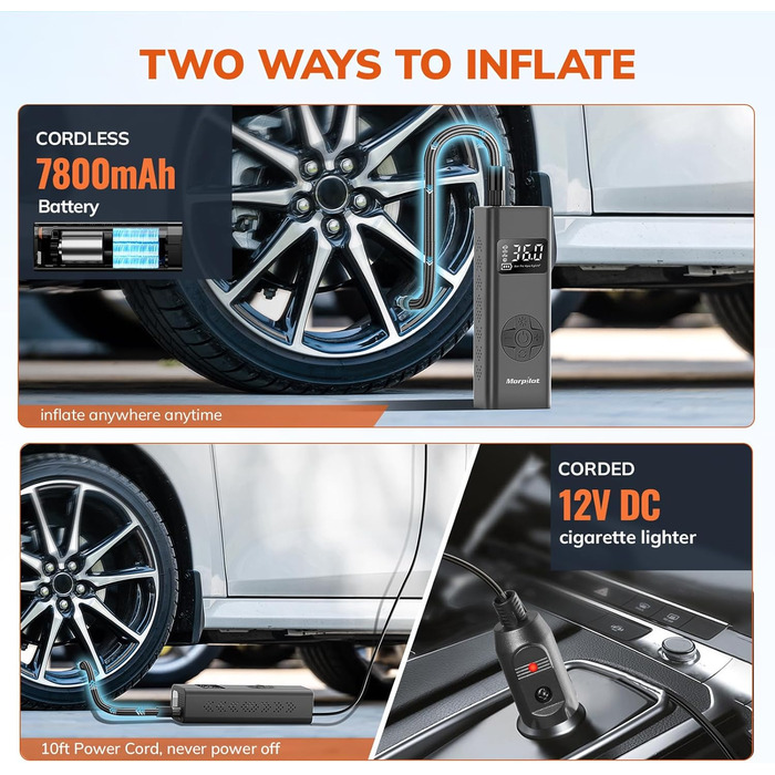 Електричний повітряний насос Morpilot, міні портативний компресор 7800mAh, велосипедний насос електричний з цифровим дисплеєм і ав