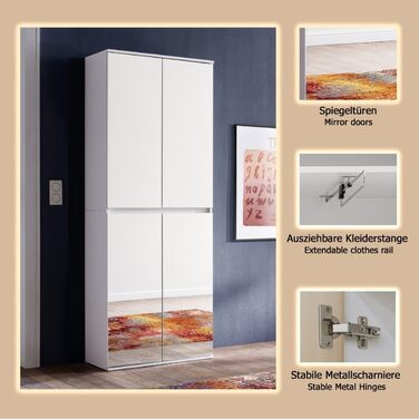 Дзеркало - Шафа - Біла - Багатофункціональна шафа з великою кількістю місця для зберігання - (Ш x В x Г) 74 x 191 x 34 см - анга для одягу та 6 полиць, 4 дверцята