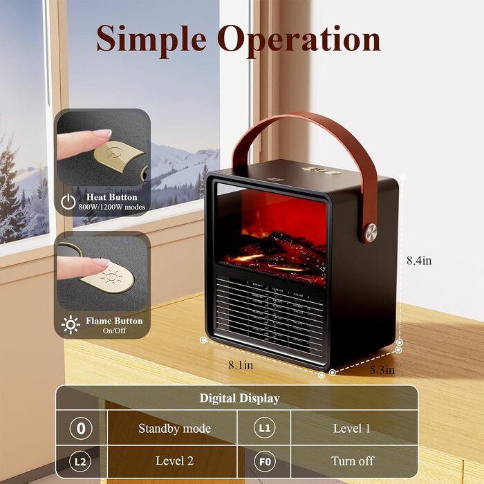 Електричний вентилятор-обігрівач Minthouz 1200 Вт/800 Вт, керамічний обігрівач з 3D-ефектом полум&39я, регульований термостат, енергоефективний, із захистом від перегріву та перекидання для спальні та офісу