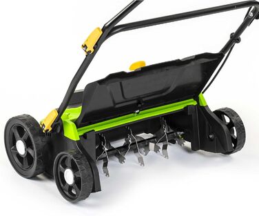 Електричний аератор та граблі 2-в-1, 1300 Вт, ширина захоплення 320 мм, 40-літровий контейнер, регульована ручка, глибина аерації -12 до 10 мм, 2 змінні циліндри