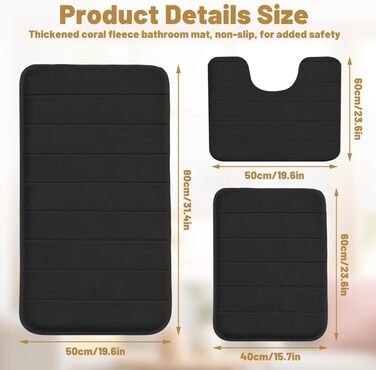 Комплект килимків для ванної кімнати, 3 предмети, чорний, килимок для ванної, що прається, нековзний килимок для ванної, матеріал з м&39якого коралового флісу, килимки для ванної, що швидко сохнуть, килимок для туалету, який можна прати в пральній машині
