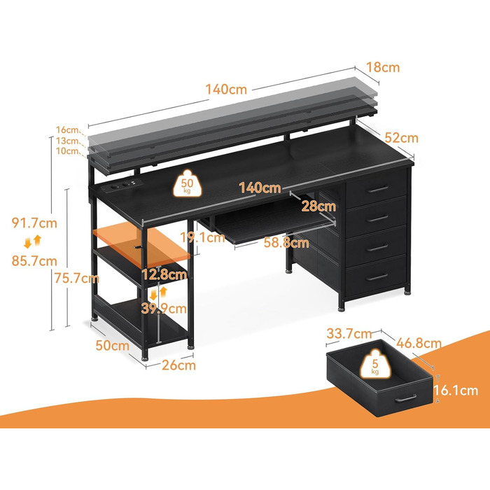 Комп&39ютерний стіл ODK з 4 шухлядами, 140x52x92 см, 2 розетки та 2 порти зарядки USB, ПК-стіл з полицею, ігровий стіл з підставкою для клавіатури для офісу, вітальня, чорний 140x52 см, чорний