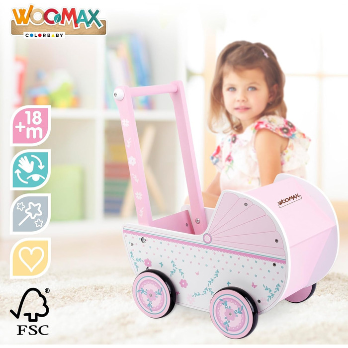 Дерев'яна, 26,5 x 39 x 46 см, рожево-біла, з колесами, для ляльок від 30-40 років, коляска для дитячих іграшок 3 роки, коляска для