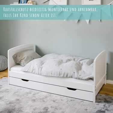 Дитяче ліжко Kids Collective 70x140 см з шухлядою, рейковою основою та захисними поручнями білого кольору, з ящиком для ліжка, Зроблено в Європі. Дитяче ліжко до 6 років 70 x 140 см без матраца, біле.