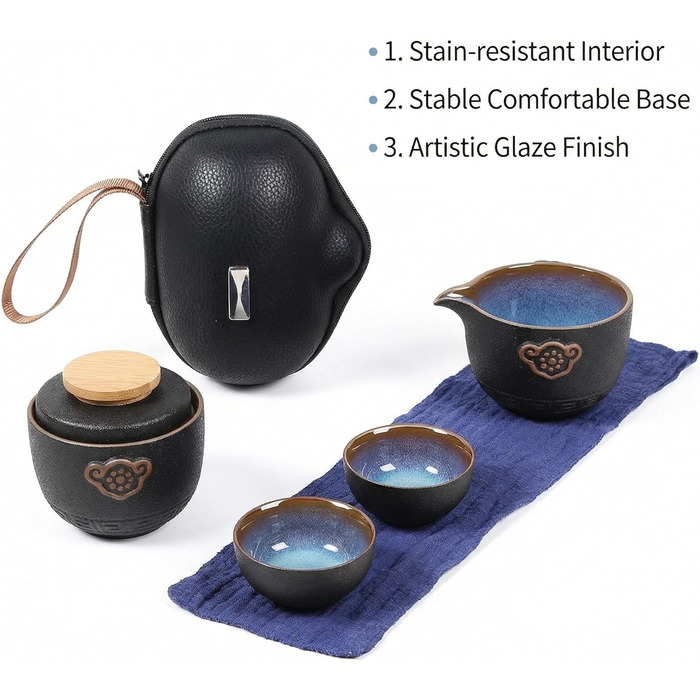 Китайський чайний набір Кунг-Фу, кераміка чайник, баночка для чаю, 2 чашки та зручна сумка для транспортування. Ідеально підходить для дому, офісу, пікніків та щоденного використання.