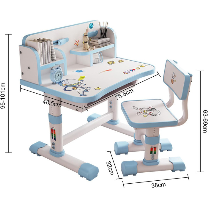 Дитячий функціональний комплект столу та стільця, регульований по висоті, для дітей, школи та навчання, комплект столу та стільця з мультяшним візерунком, ергономічний стілець з великою письмовою дошкою, книжковою полицею та