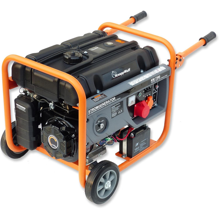 Бензиновий генератор KnappWulf, аварійний генератор, KW7300, 3-фазний, максимальна потужність 6,3 кВт при 400 В, 2,1 кВт при 230 В, з паливним баком 25 л, 230 В, 400 В, 12 В, захист від низького рівня оливи, автоматичний регулятор напруги (AVR), вкл. комп