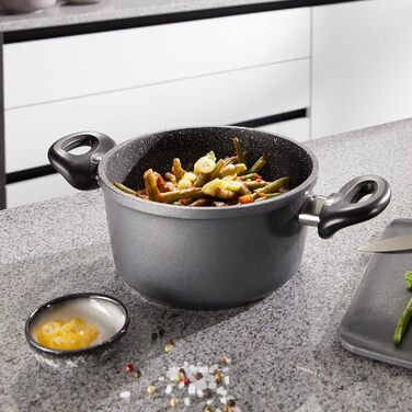 Каструля Stoneline 16 см, з кришкою, індукційна, лита алюмінієва, покрита справжніми частинками каменю, сіра, каструля з покриттям