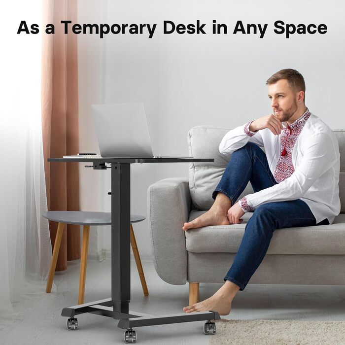 Стіл для роботи стоячи 6545 см, регульований по висоті стіл/мобільний стіл для роботи стоячи з 4 колесами, стіл для роботи сидячи та стоячи з колесами, стіл над ліжком для вітальні, макс. 15 кг, чорний