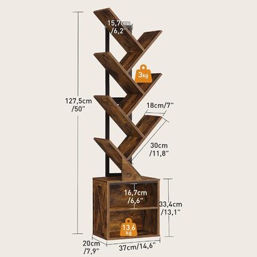 Книжкова полиця у формі дерева, 9-ярусна окремостояча полиця, стійка для CD/DVD, дерев&39яний каркас з металевим каркасом, кутова полиця, що економить місце, окремостояча книжкова вежа для вітальні, спальні, офісу, бібліотеки, вінтажний коричневий колір