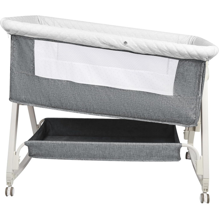 Ліжечко 3-в-1, дорожнє ліжечко для немовлят з матрацом, 6-позиційне регульоване по висоті дитяче ліжечко з верхньою платформою, портативна колиска з колесами для дітей до 36 місяців - 92 x 52 x 106-118 см - Білосніжний сірий