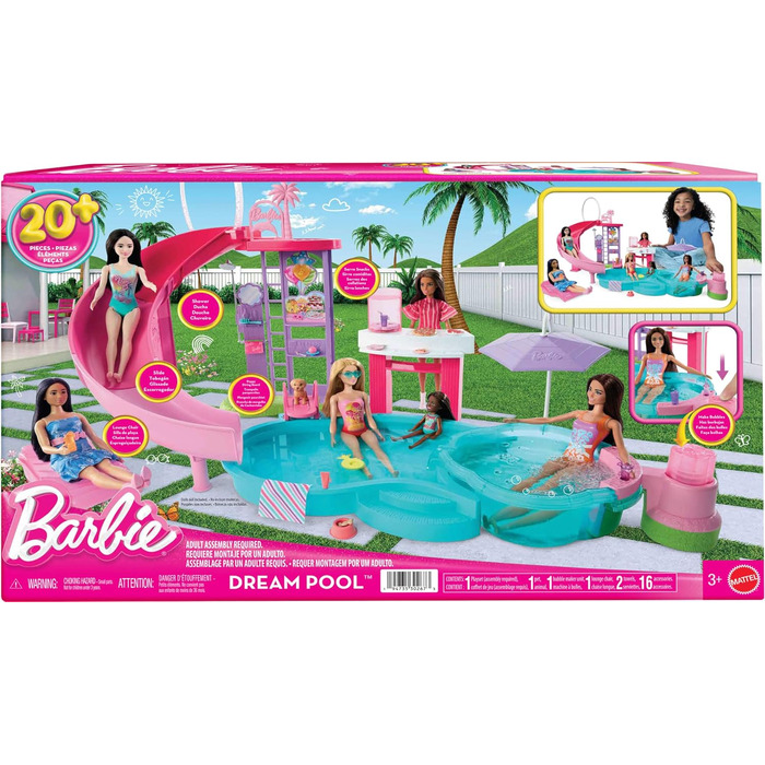 Ігровий набір Barbie Traumpool 6 ігрових зон, гірка, джакузі та понад 20 аксесуарів (домашній улюбленець, надувні круги та інше), JFP01